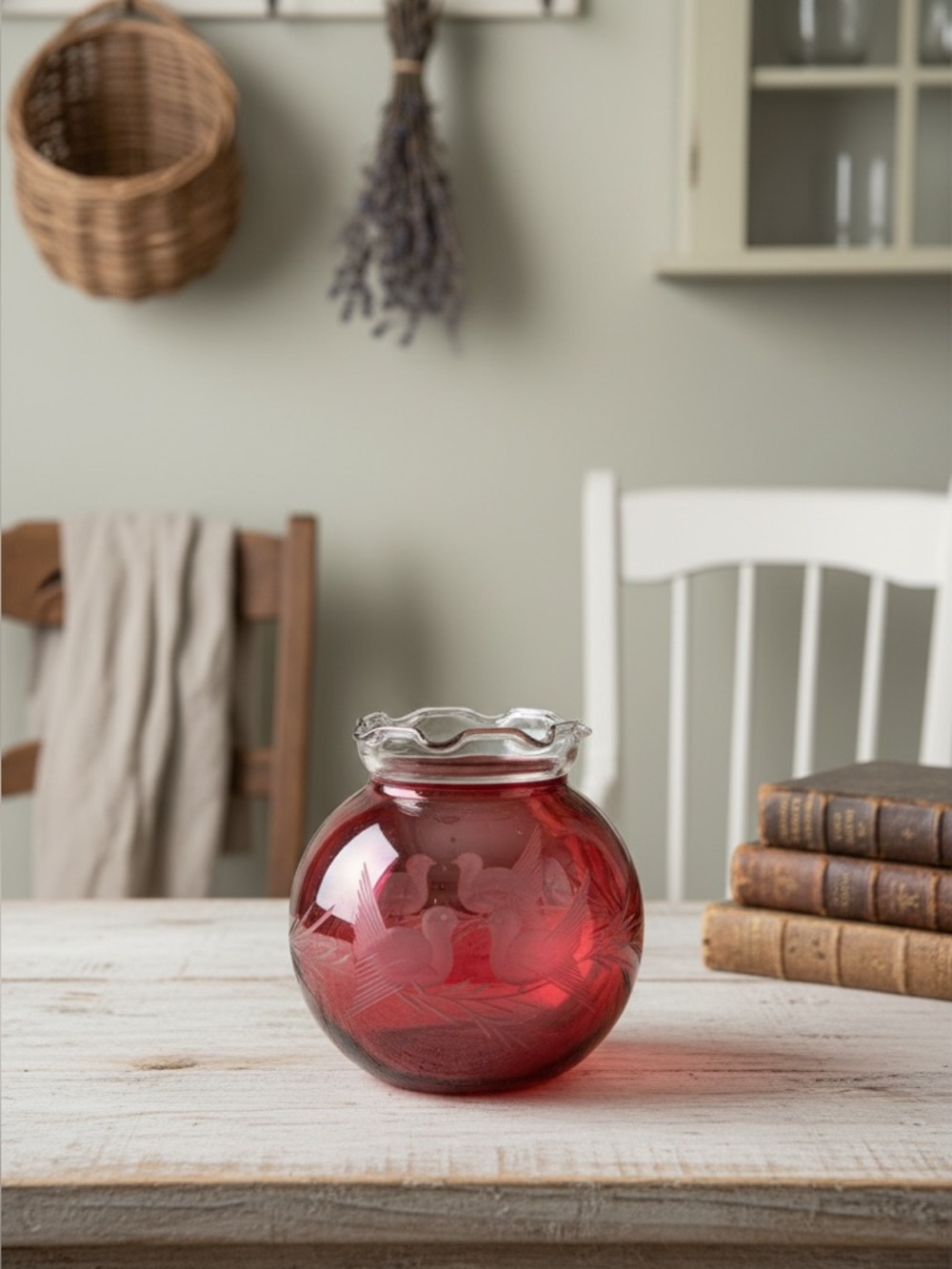 Vintage Red Flash Etched Bird Glass Vase - 4” Scalloped Rose Bowl
